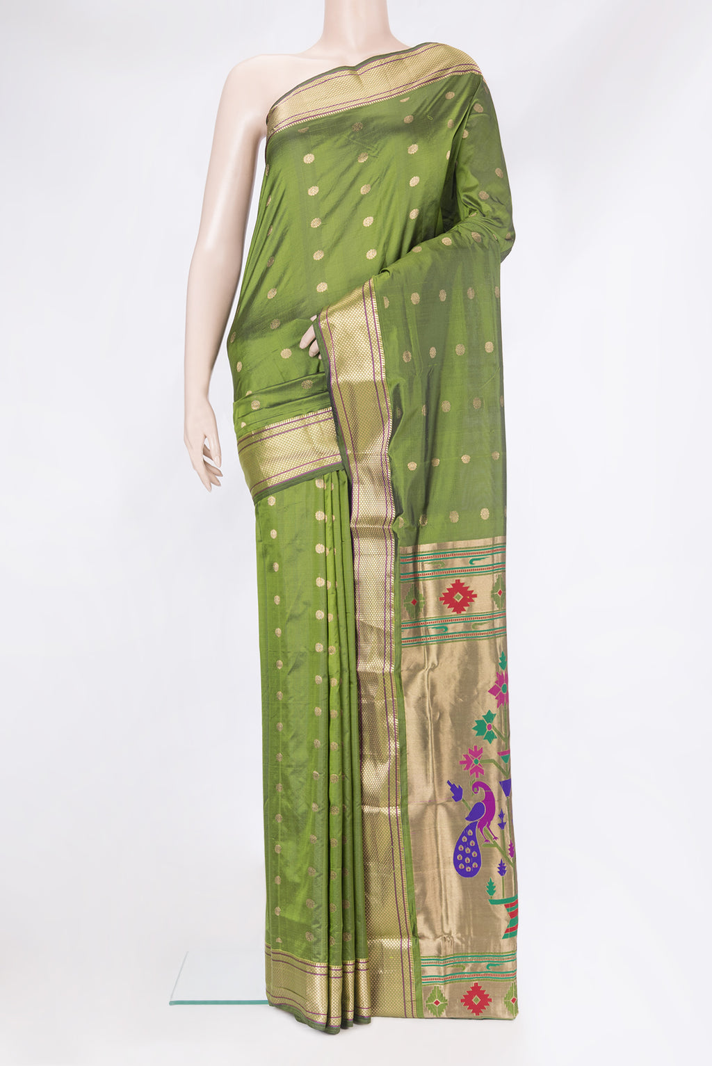 Mehandi Green Blended Paithani Silk Saree with Zari Butta on the body and Zari Border.  displayed on a mannequin
