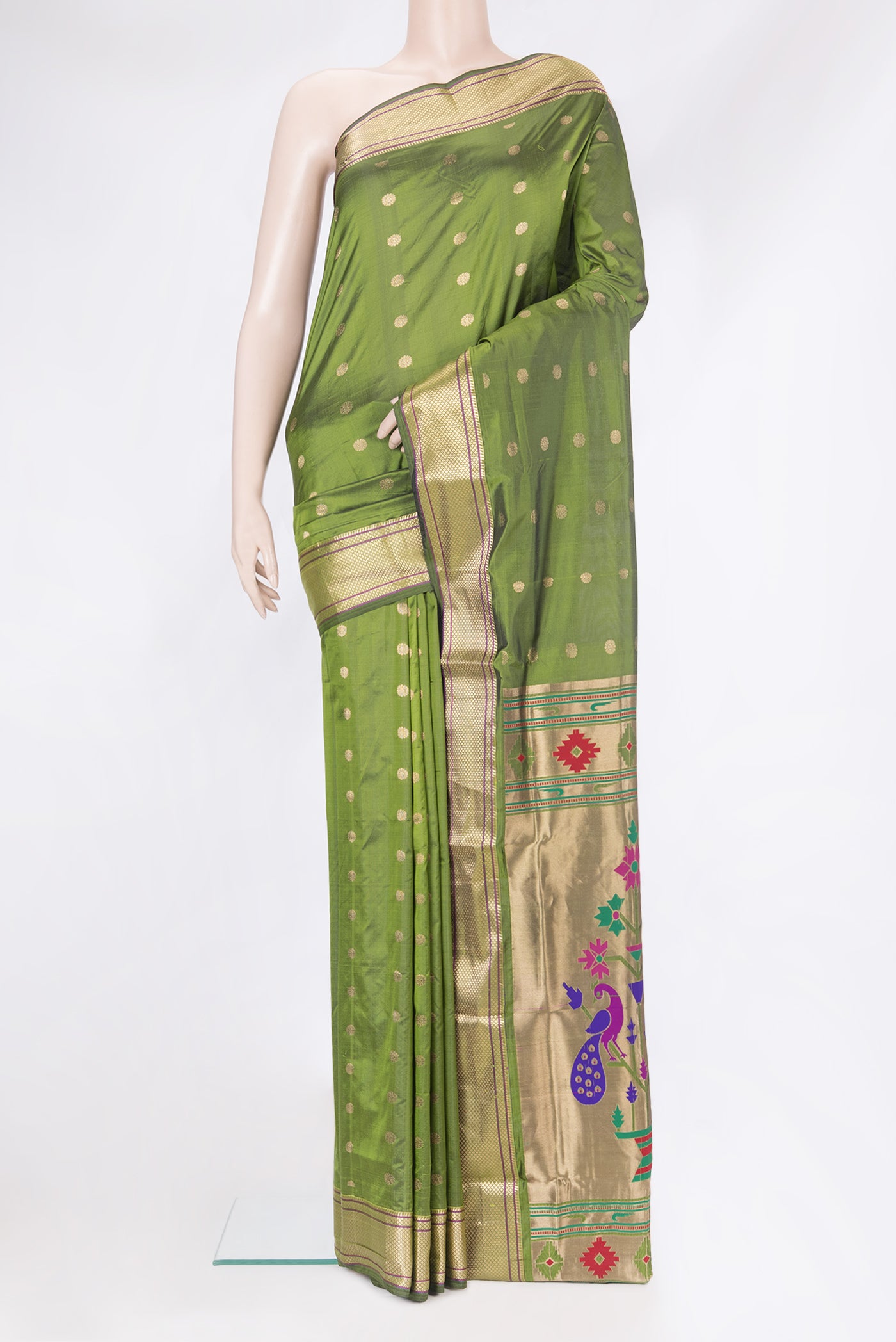 Mehandi Green Blended Paithani Silk Saree with Zari Butta on the body and Zari Border.  displayed on a mannequin