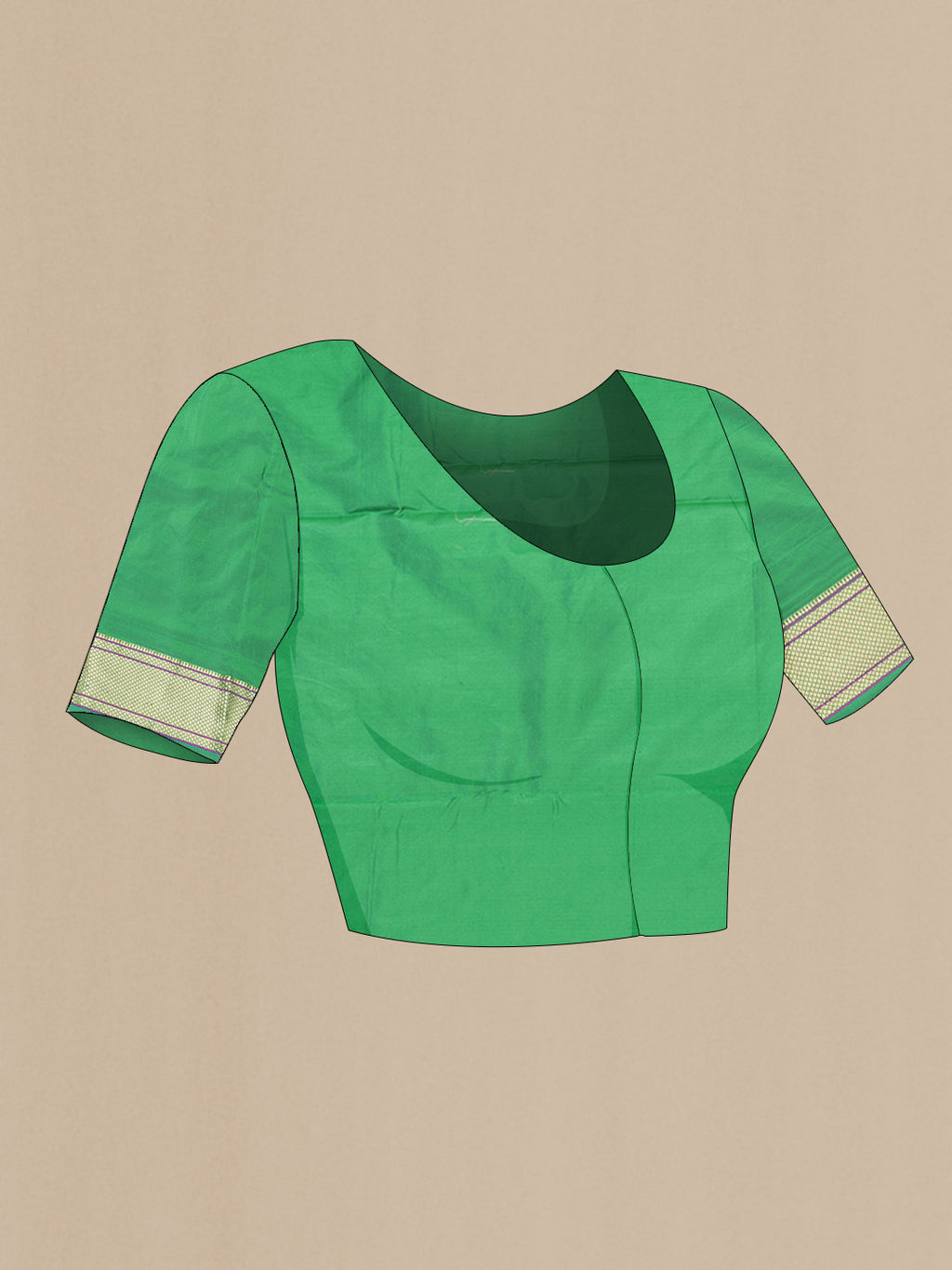 Close up image of the blouse of Green Paithani Silk Saree with Zari Butta on the body and Zari Border. 