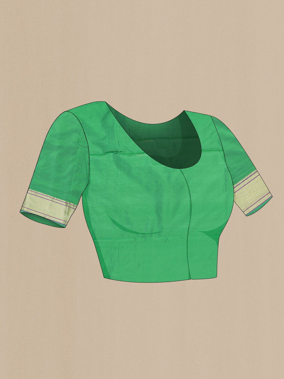 Close up image of the blouse of Green Paithani Silk Saree with Zari Butta on the body and Zari Border. 