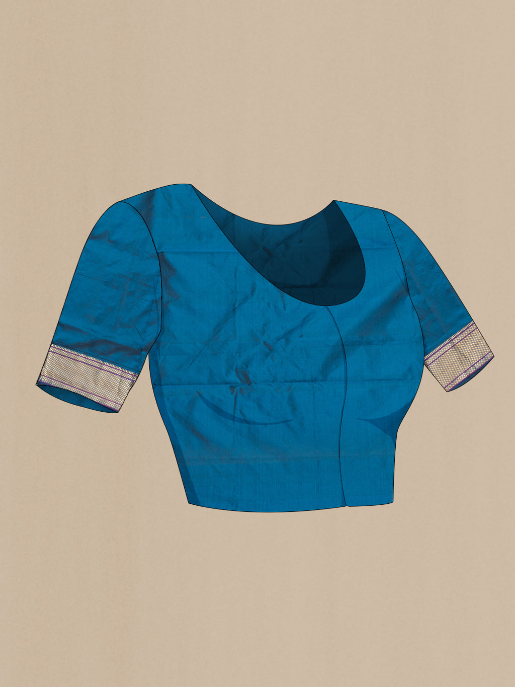 Close up image of the blouse of Peacock Blue Blended Paithani Silk Saree with Zari Butta on the body and Zari Border. 