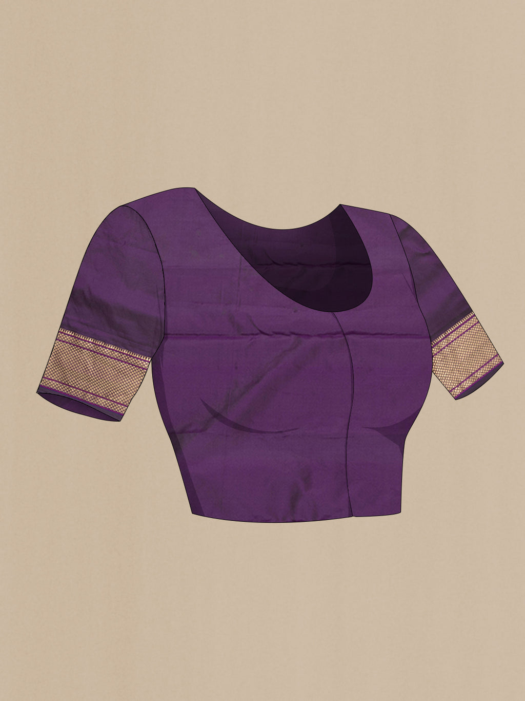 Close up image of the blouse of Violet Paithani Silk Saree with Zari Butta on the body and Zari Border. 