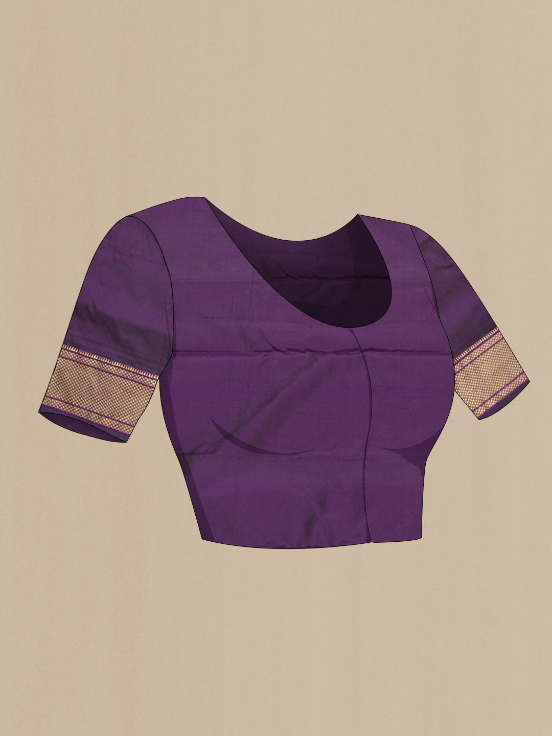 Close up image of the blouse of Violet Paithani Silk Saree with Zari Butta on the body and Zari Border. 