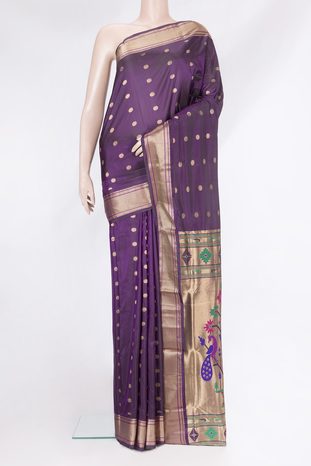 Violet Paithani Silk Saree with Zari Butta on the body and Zari Border.  displayed on a mannequin