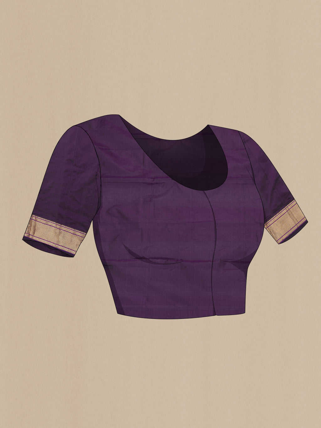 Close up image of the blouse of Violet Blended Paithani Silk Saree with Zari Butta on the body and Zari Border. 