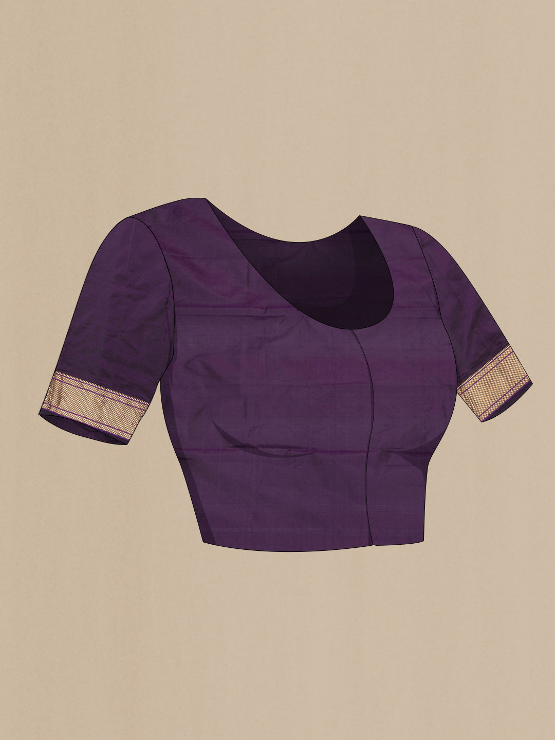 Close up image of the blouse of Violet Blended Paithani Silk Saree with Zari Butta on the body and Zari Border. 