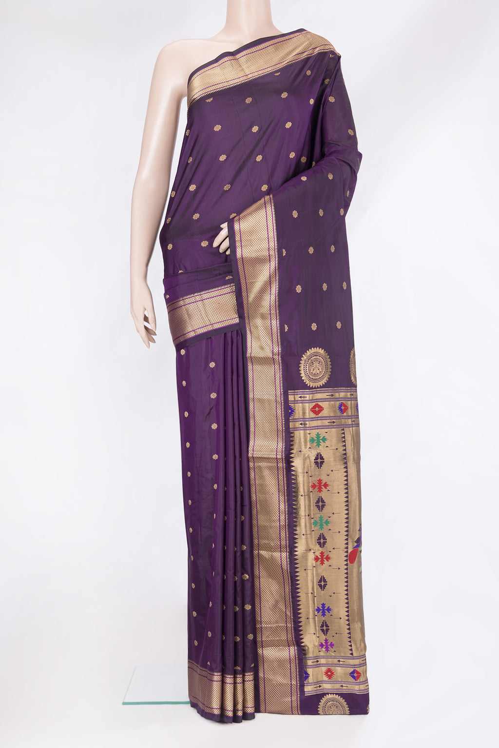 Violet Blended Paithani Silk Saree with Zari Butta on the body and Zari Border.  displayed on a mannequin