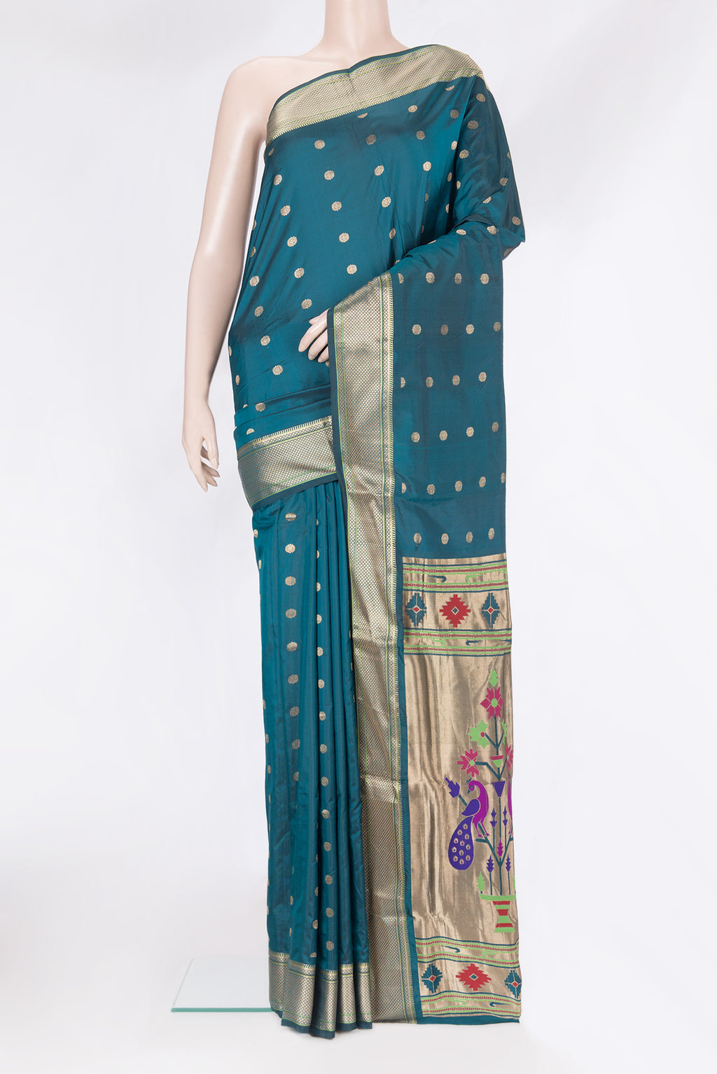Peacock Blue Blended Paithani Silk Saree with Zari Butta on the body and Zari Border.  displayed on a mannequin