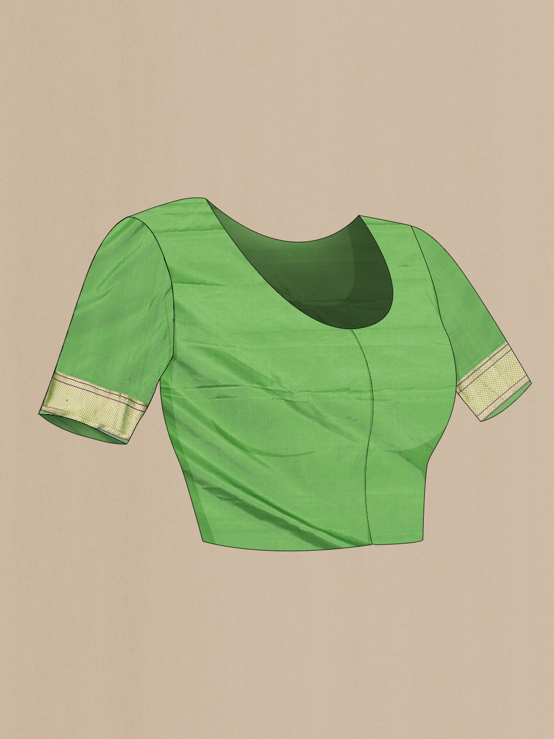 Close up image of the blouse of Green Paithani Silk Saree with Zari Butta on the body and Zari Border. 