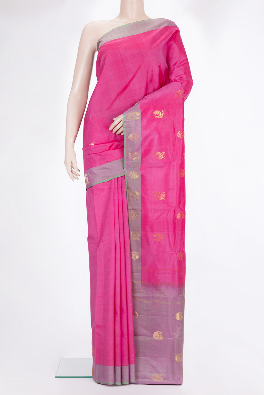 Pure Silk Pink Dual Tone Kanchipuram Saree with Zari Butta on the body and Fancy Border.  displayed on a mannequin
