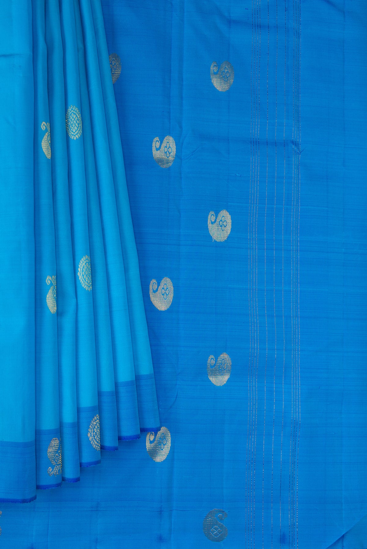 Pleats and pallu of Sky Blue Kanchipuram Silk Saree with Zari Butta on the body and Fancy Border. 