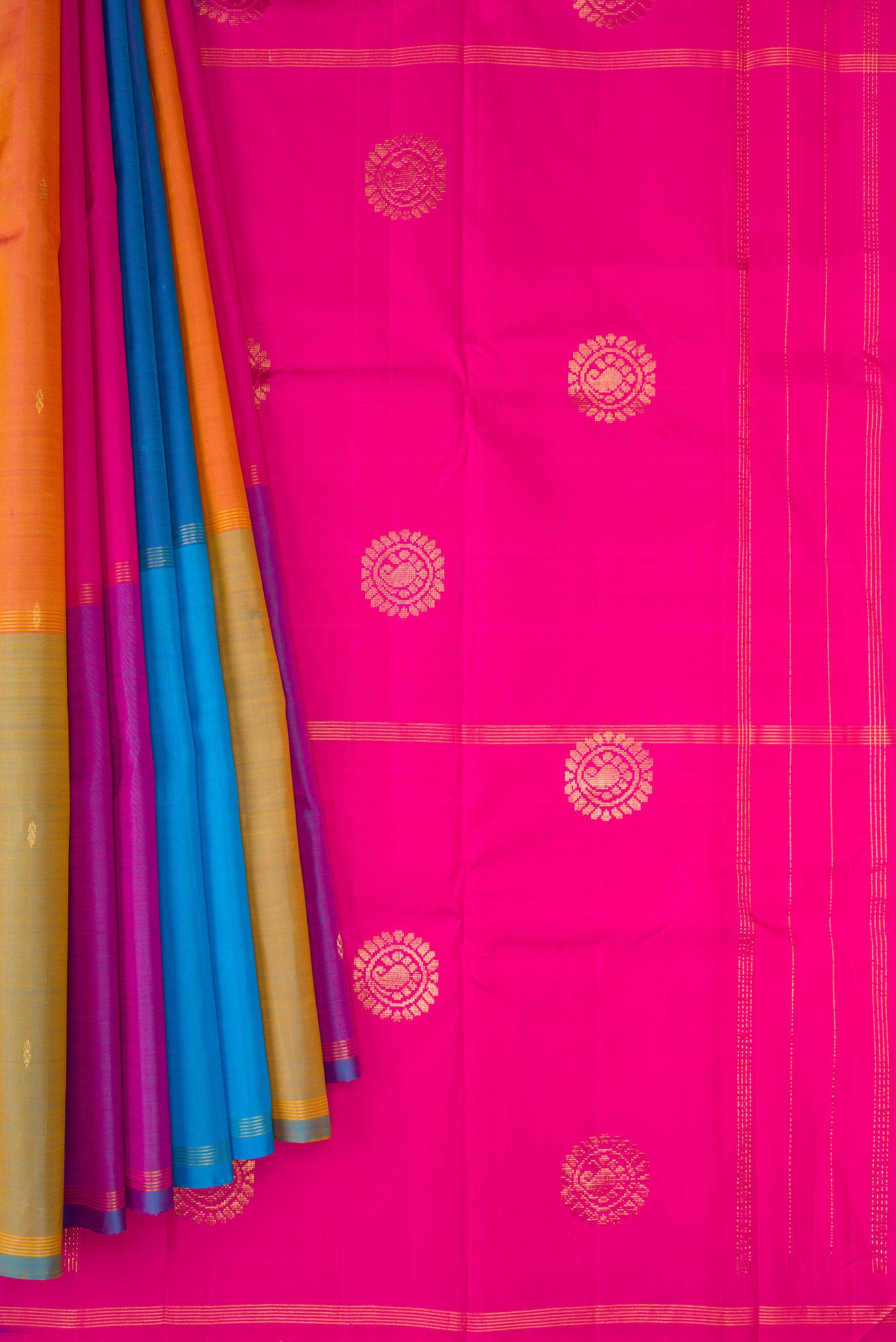 Pleats and pallu of Multi Color Kanchipuram Silk Saree with Zari Butta on the body and Thin Zari Line. 