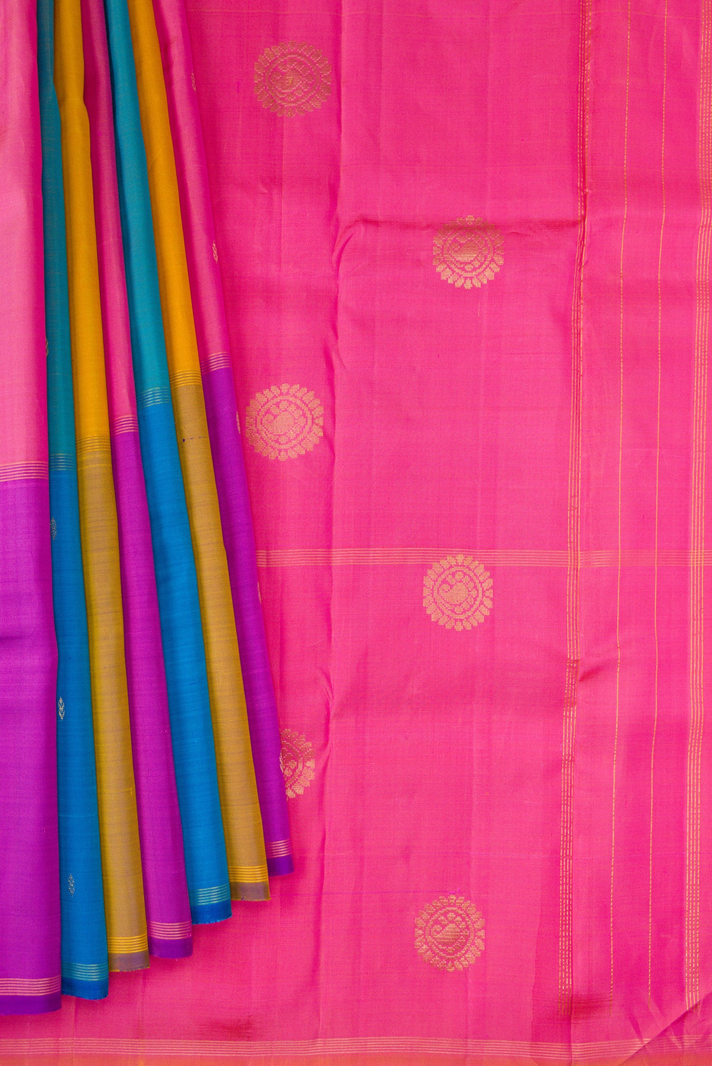 Pleats and pallu of Multi Color Kanchipuram Silk Saree with Zari Butta on the body and Zari Border. 