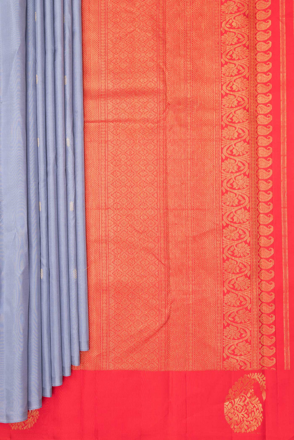 Pleats and pallu of Pure Silk Grey Kanchipuram Saree with Zari Butta on the body and Without Border. 