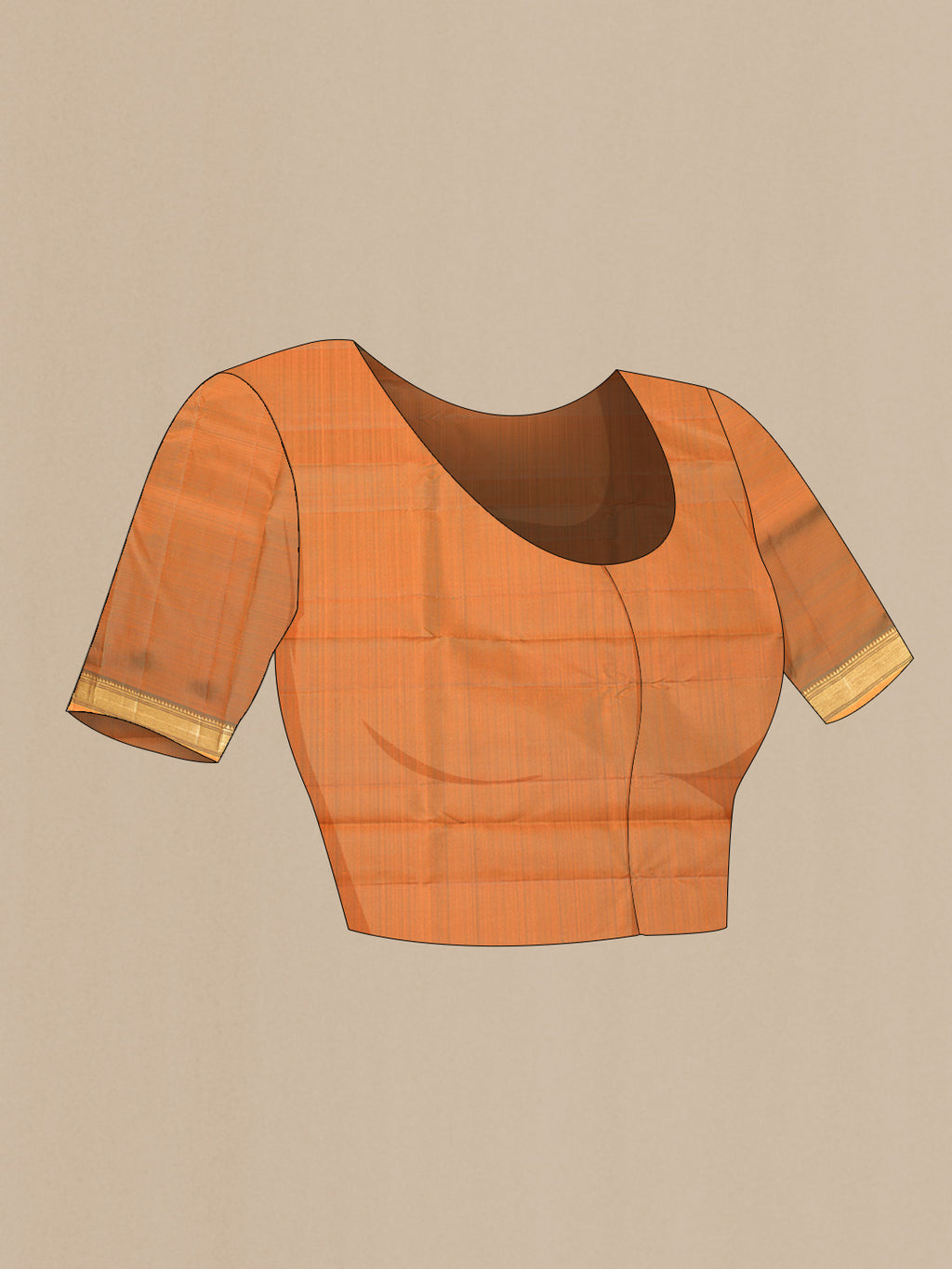 Close up image of the blouse of Pure Silk Brick Orange Kanjivaram Saree with Zari Butta on the body and Zari Border. 