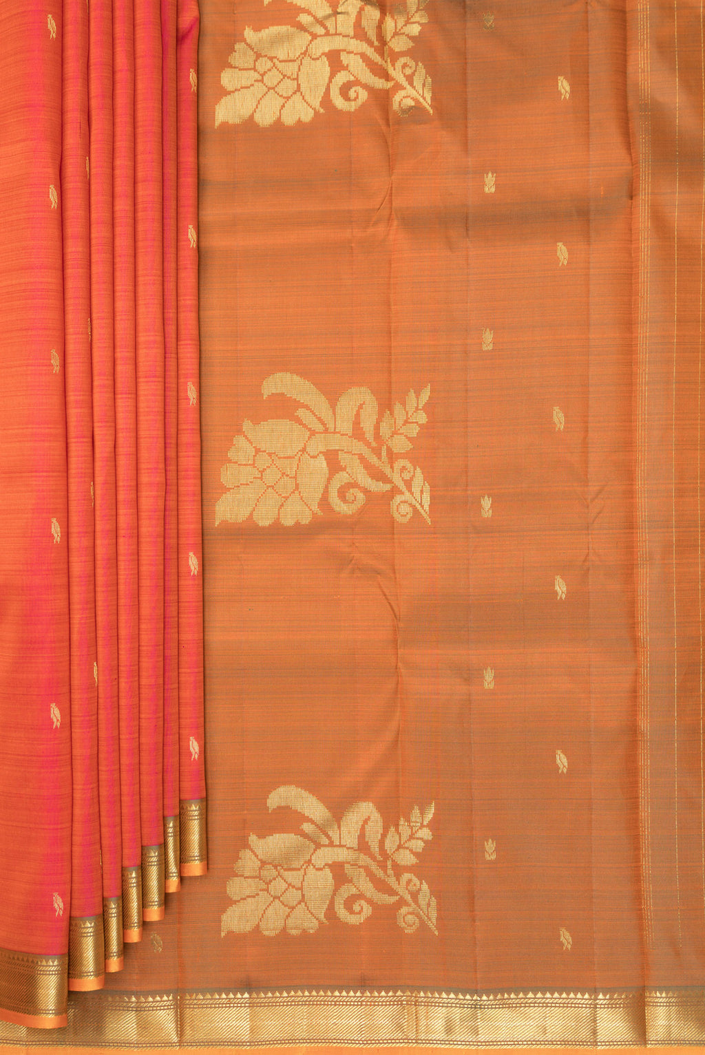 Pleats and pallu of Pure Silk Brick Orange Kanjivaram Saree with Zari Butta on the body and Zari Border. 