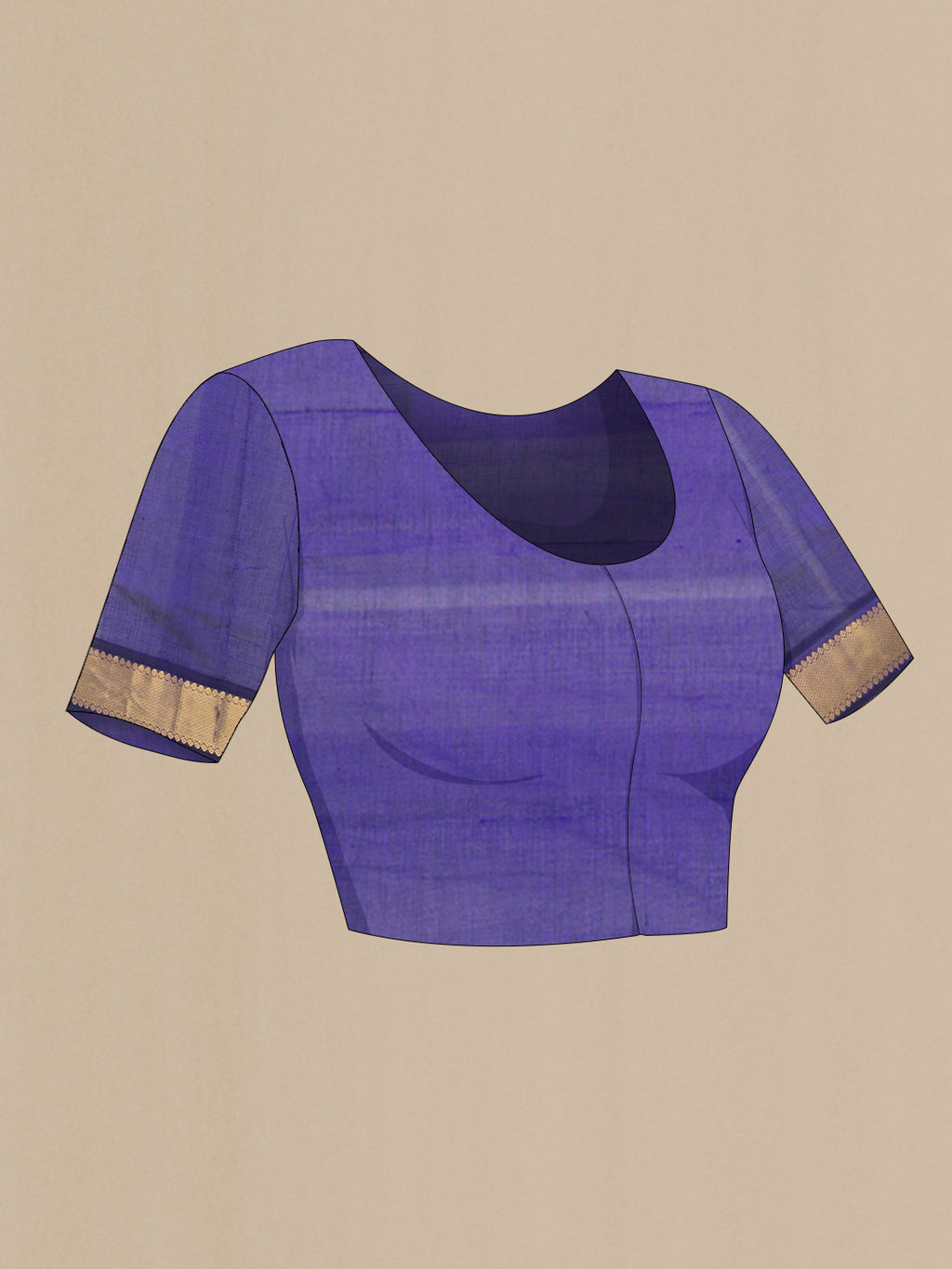 Close up image of the blouse of Purple Silk Cotton Saree with Plain Body and Zari Border. 