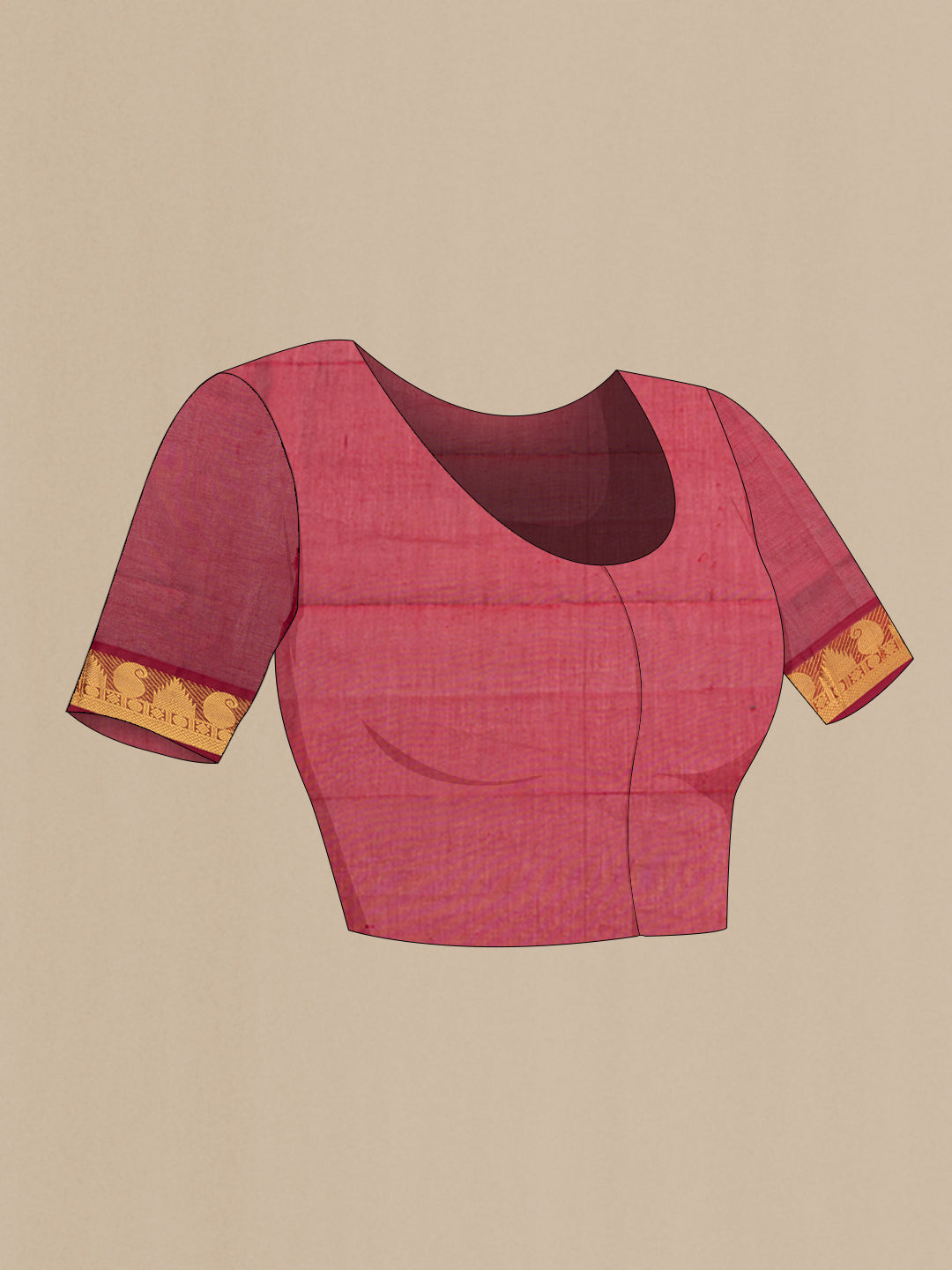 Close up image of the blouse of Sandal Silk Cotton Saree with Plain Body and Zari Border. 