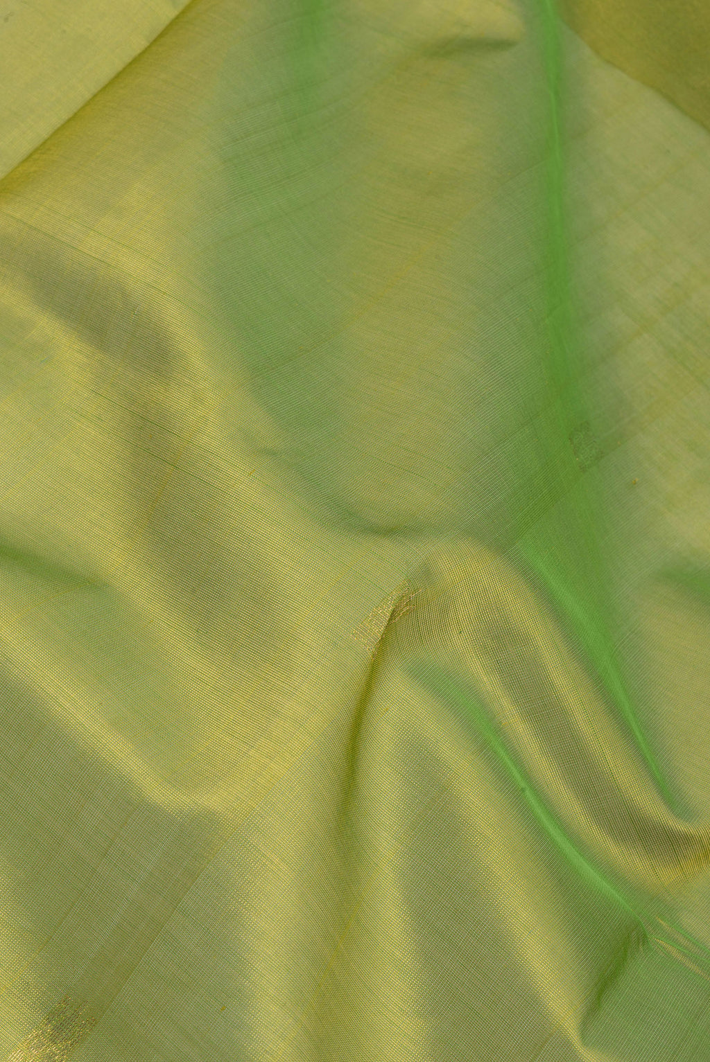 Close up of Green Silk Cotton Saree with Zari Butta on the body and Zari Border.  displaying folds