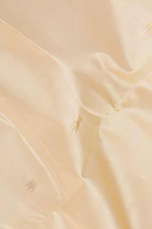 Close up of Beige Silk Cotton Saree with Zari Butta on the body and Zari Border.  displaying folds