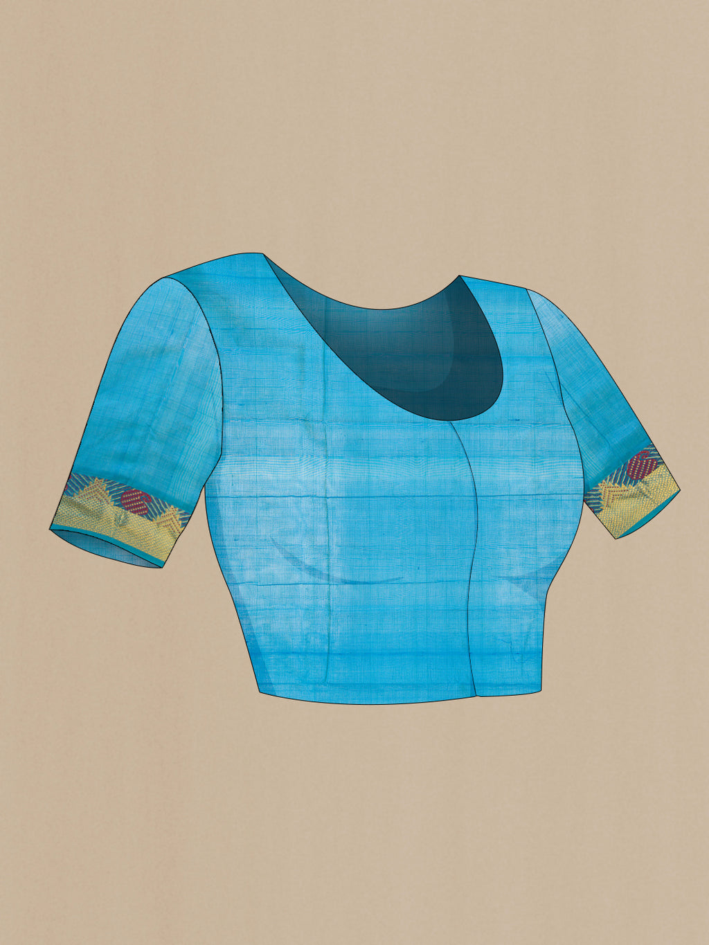 Close up image of the blouse of Multi Color Silk Cotton Saree with Checked design on the body and Zari And Thread Border. 
