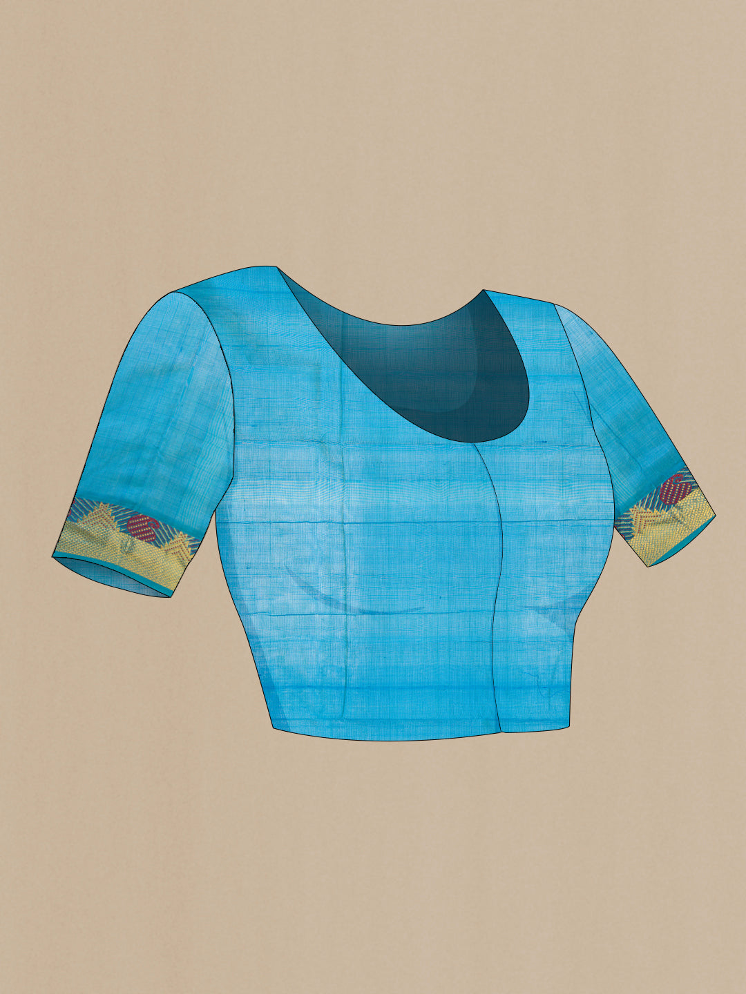 Close up image of the blouse of Multi Color Silk Cotton Saree with Checked design on the body and Zari And Thread Border. 