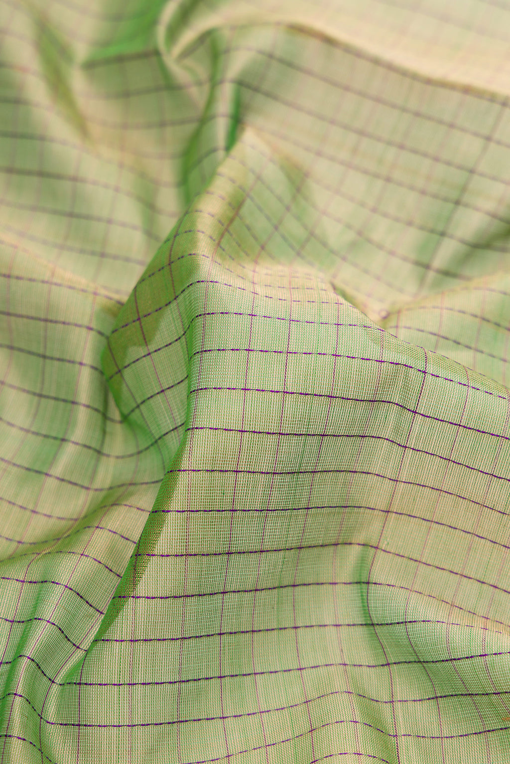 Close up of Pista Green Silk Cotton Saree with Checked design on the body and Zari Border.  displaying folds