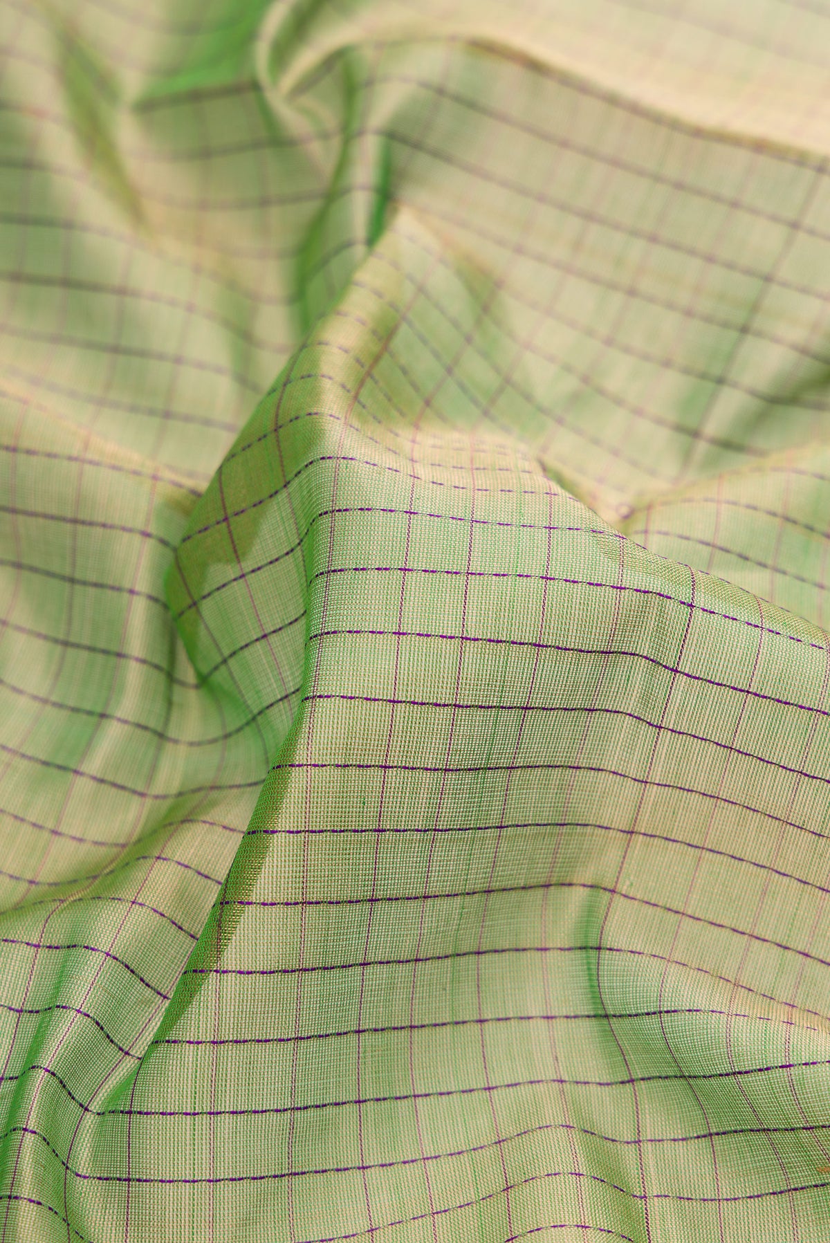 Close up of Pista Green Silk Cotton Saree with Checked design on the body and Zari Border.  displaying folds