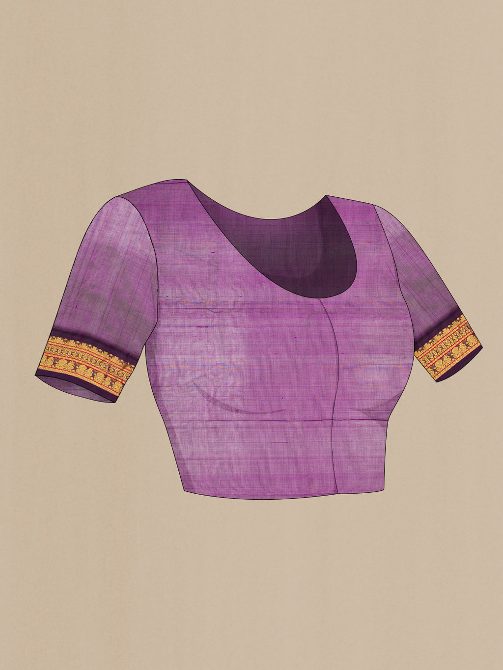 Close up image of the blouse of Grey Silk Cotton Saree with Plain Body and Zari Border. 