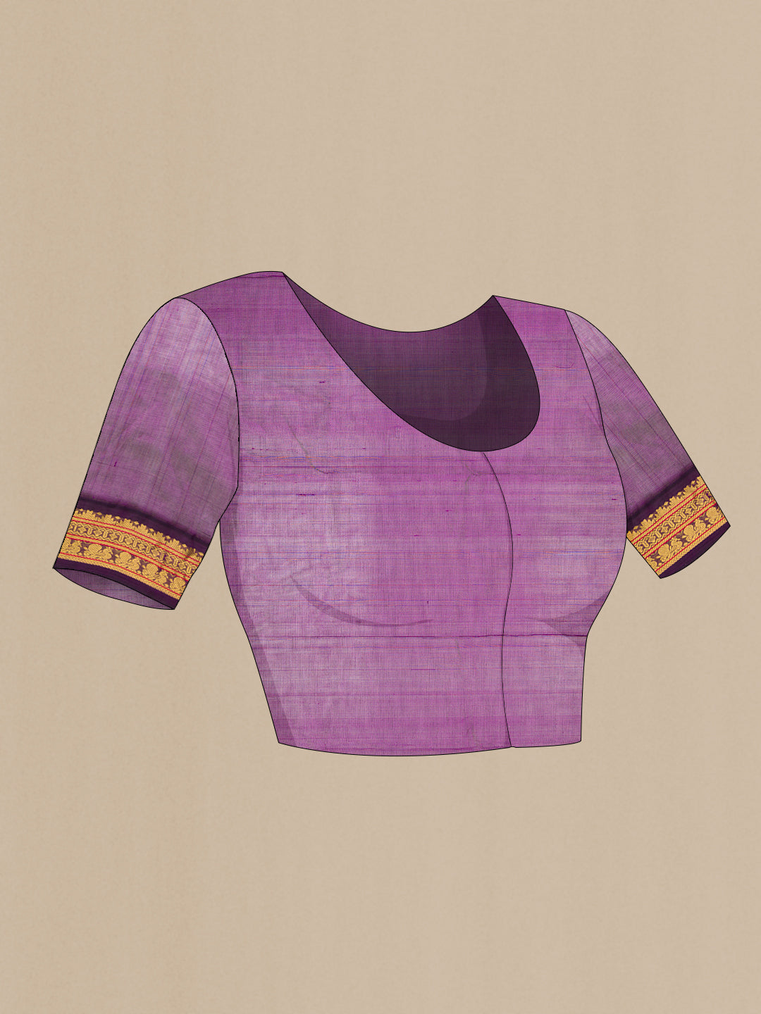 Close up image of the blouse of Grey Silk Cotton Saree with Plain Body and Zari Border. 