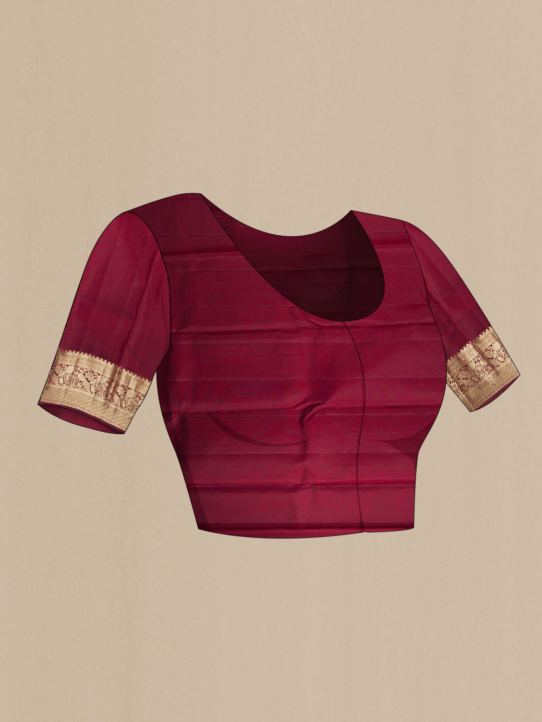 Close up image of the blouse of Maroon Kanchipuram Silk Saree with Zari Brocade on the body and Fancy Border. 