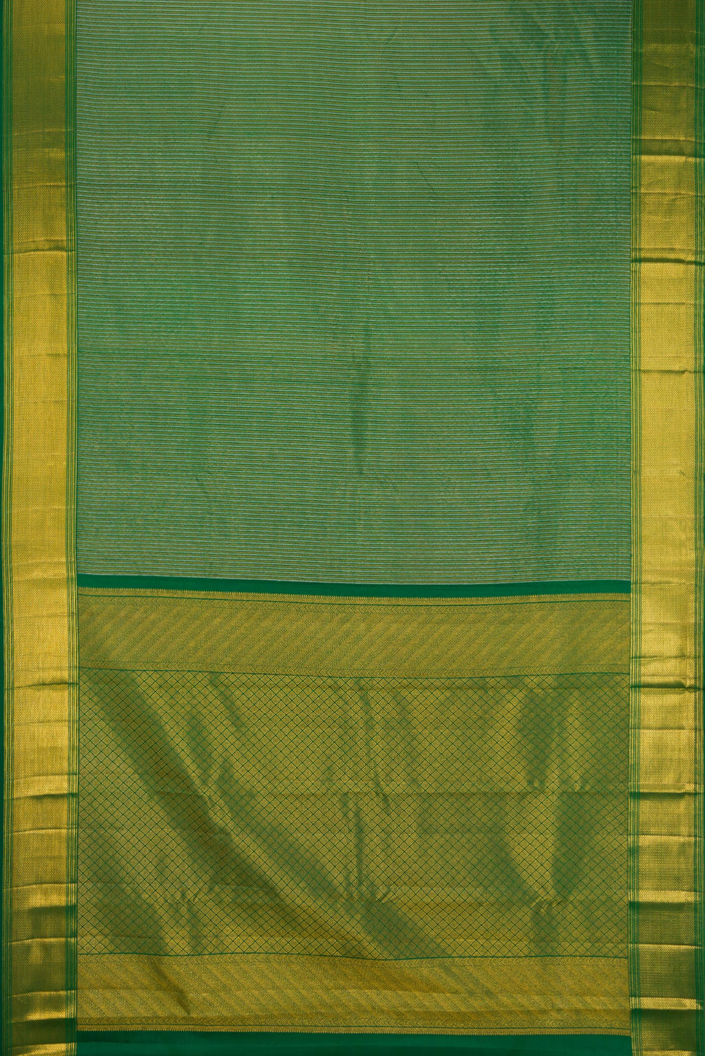 Flat view of Bottle Green Kanchipuram Silk Saree with Zari Brocade on the body and Zari Border. 