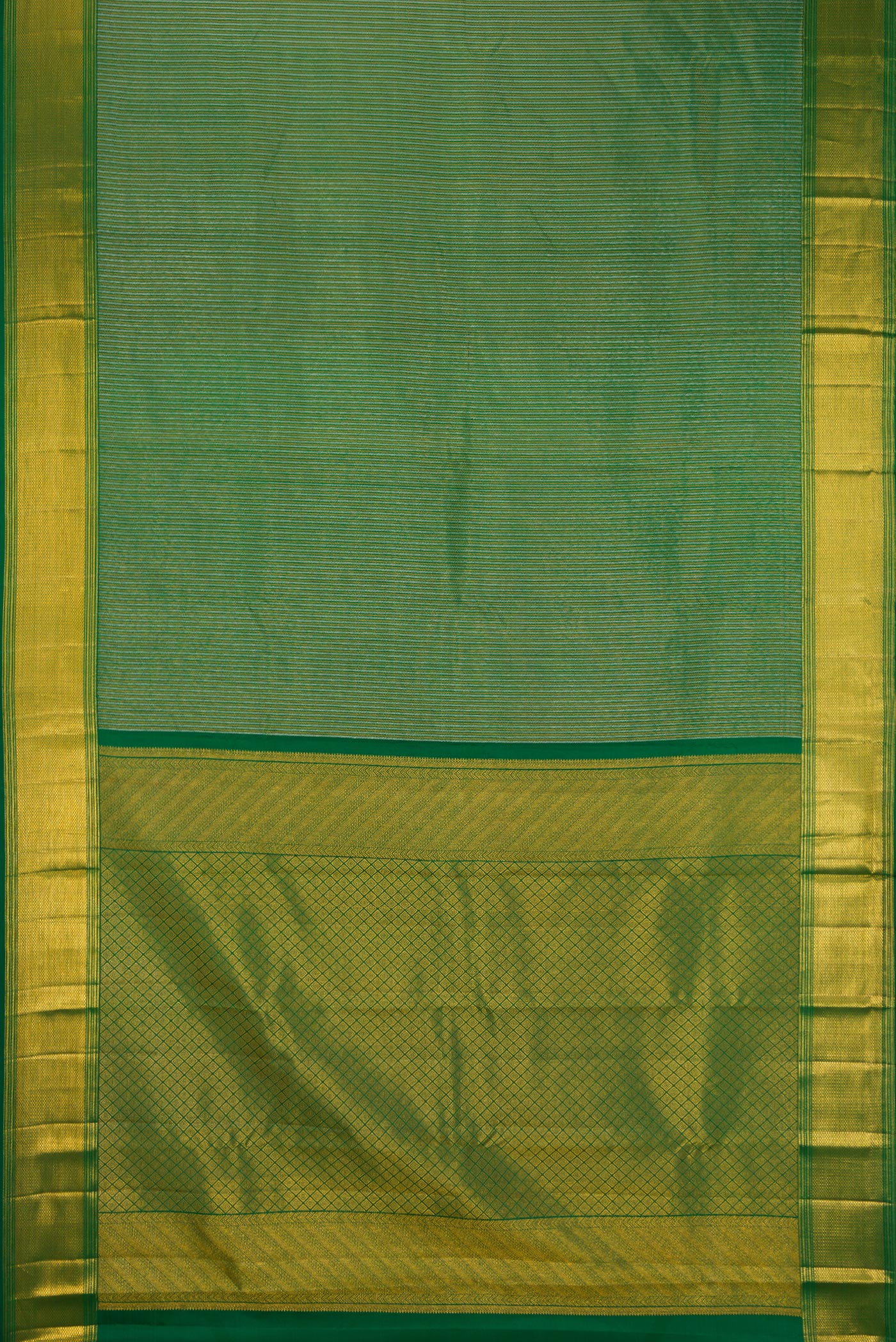 Flat view of Bottle Green Kanchipuram Silk Saree with Zari Brocade on the body and Zari Border. 