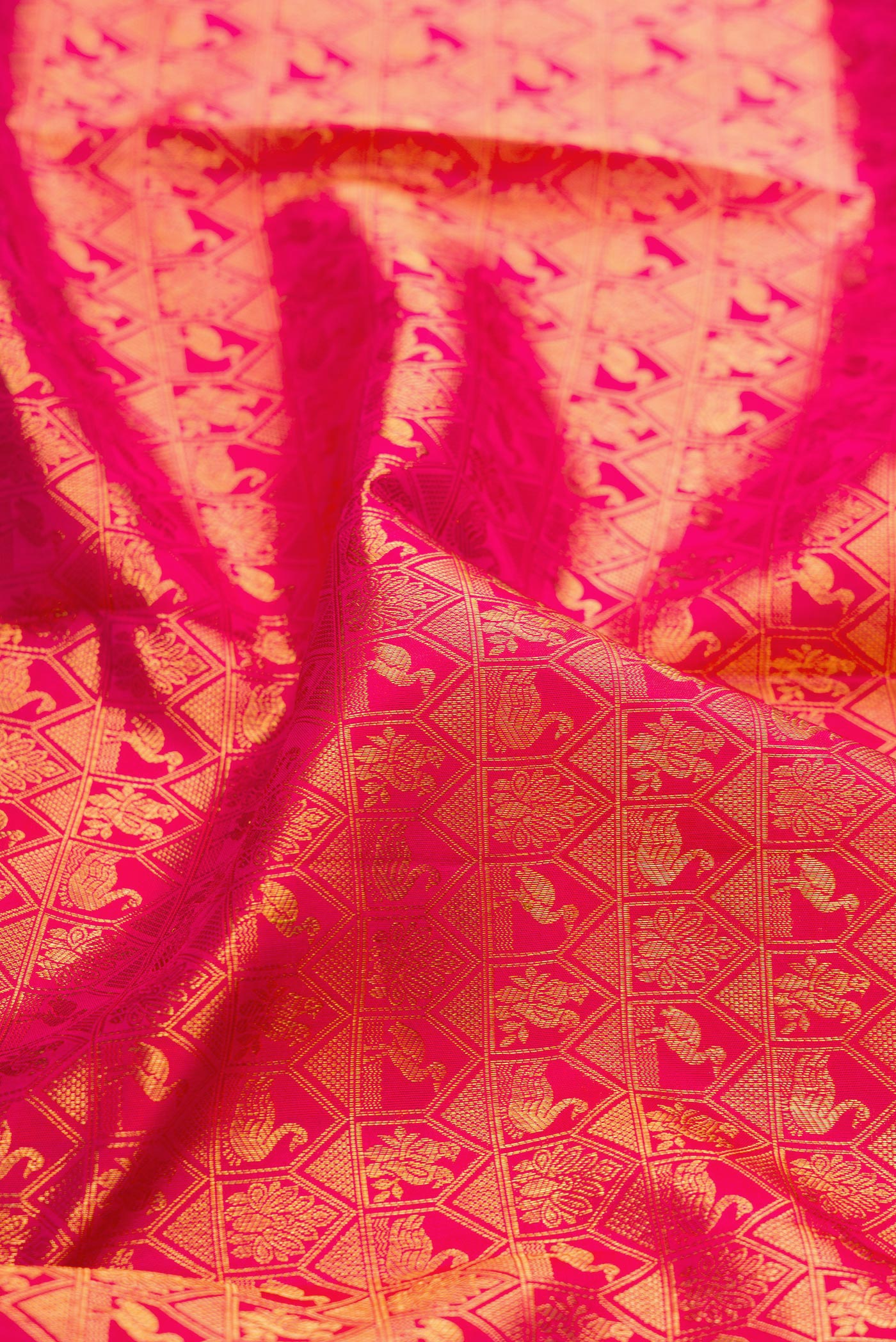 Close up of Dark Pink Kanchipuram Silk Saree with Zari Brocade on the body and Zari Border.  displaying folds