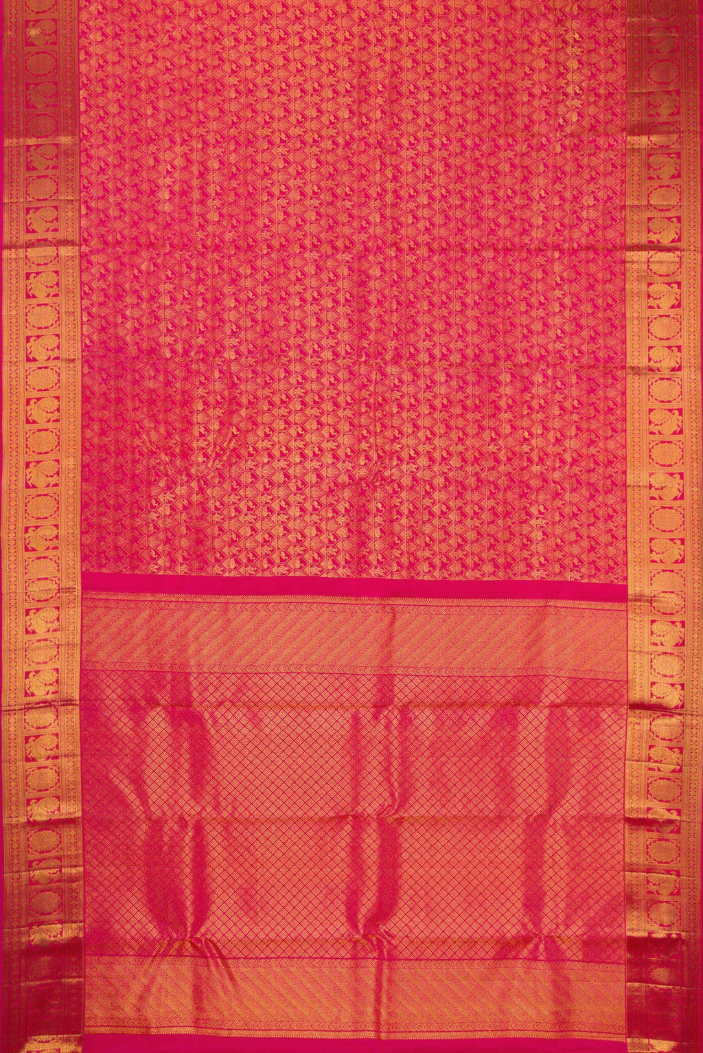 Flat view of Dark Pink Kanchipuram Silk Saree with Zari Brocade on the body and Zari Border. 