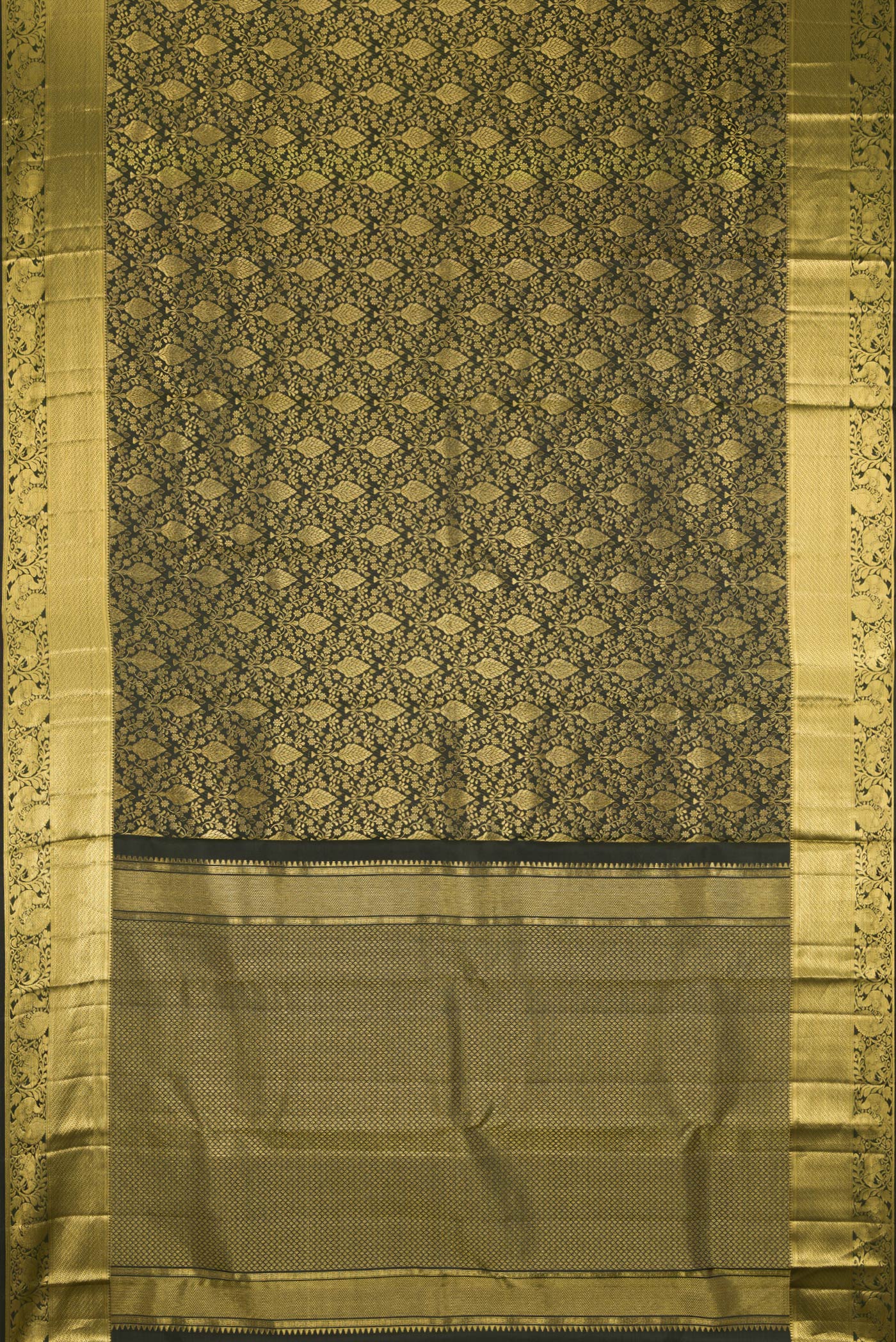 Flat view of Bottle Green Kanchipuram Silk Saree with Zari Brocade on the body and Zari Border. 