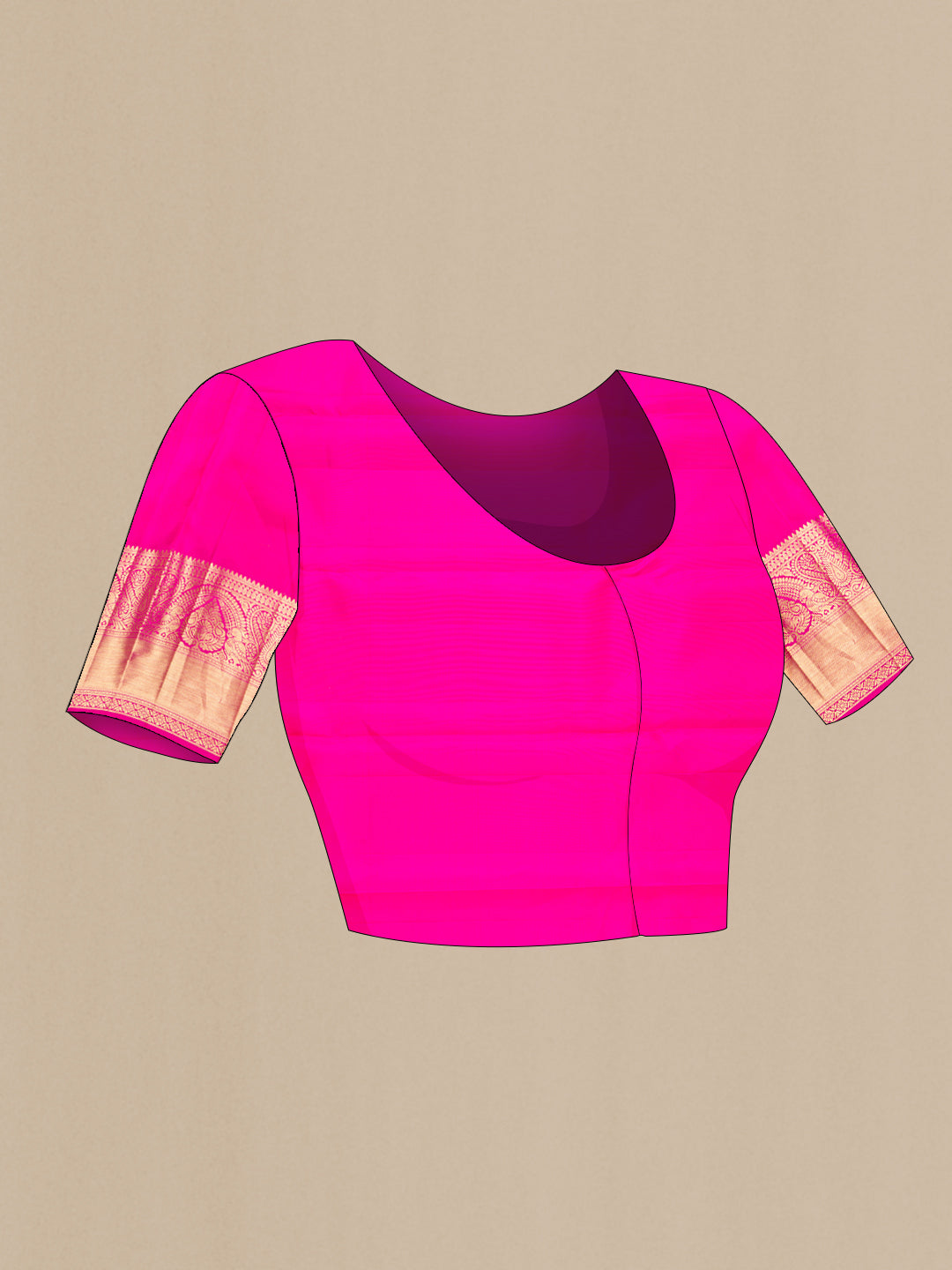Close up image of the blouse of Rani Pink Kanchipuram Silk Saree with Zari Brocade on the body and Zari Border. 