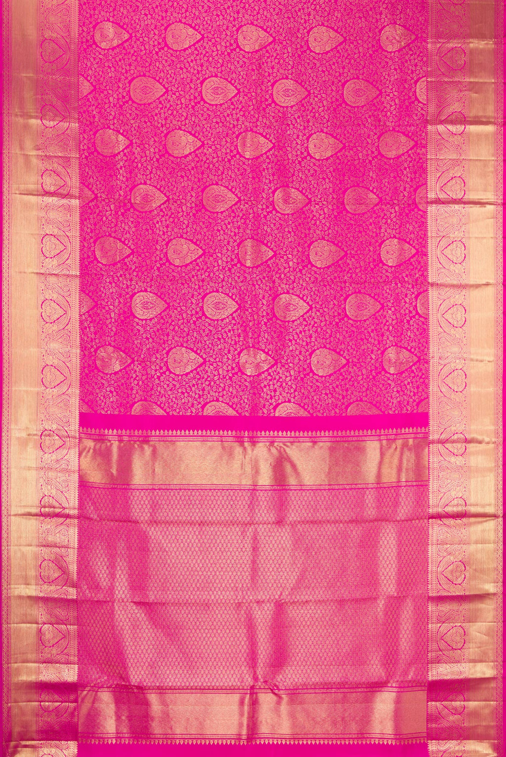 Flat view of Rani Pink Kanchipuram Silk Saree with Zari Brocade on the body and Zari Border. 