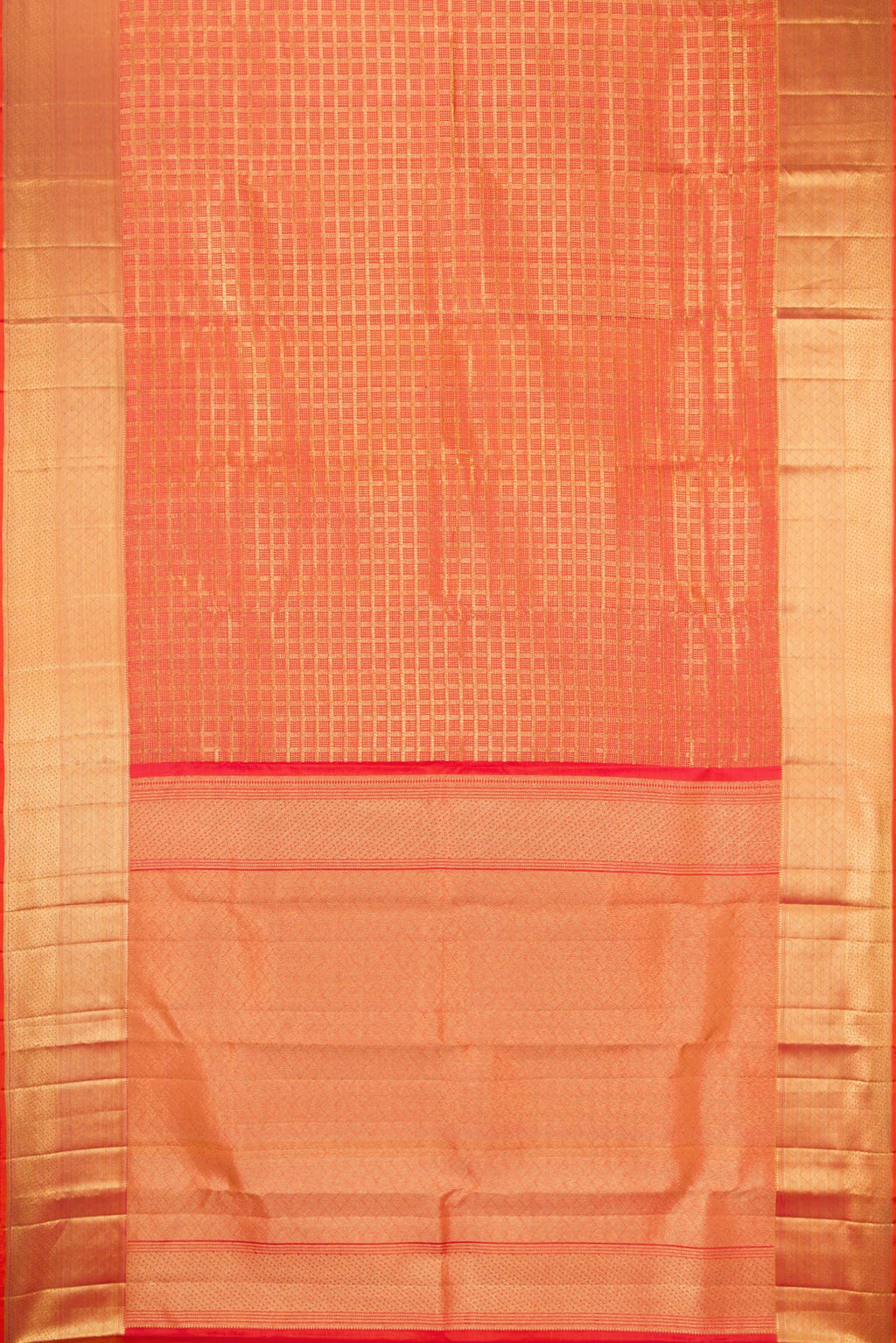 Flat view of Orange Kanchipuram Silk Saree with Zari Brocade on the body and Zari Border. 