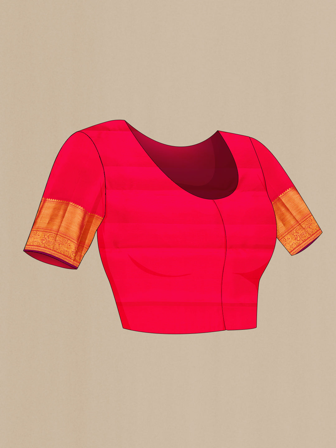Close up image of the blouse of Red Kanchipuram Silk Saree with Zari Brocade on the body and Zari Border. 