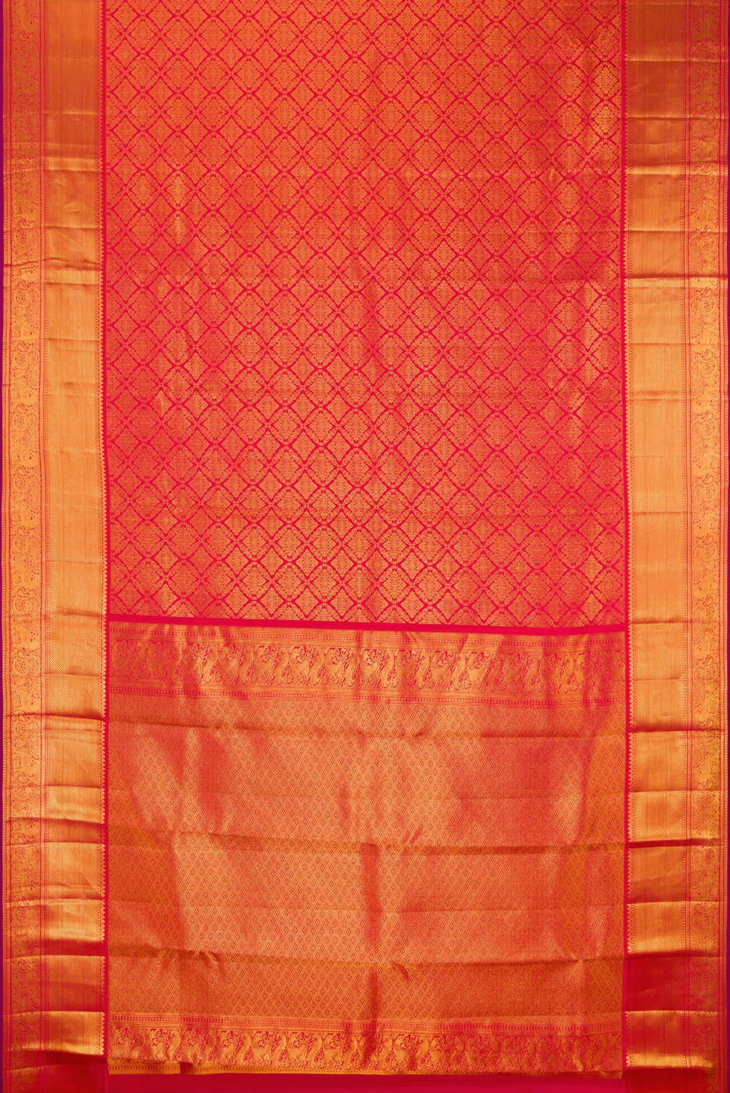 Flat view of Red Kanchipuram Silk Saree with Zari Brocade on the body and Zari Border. 