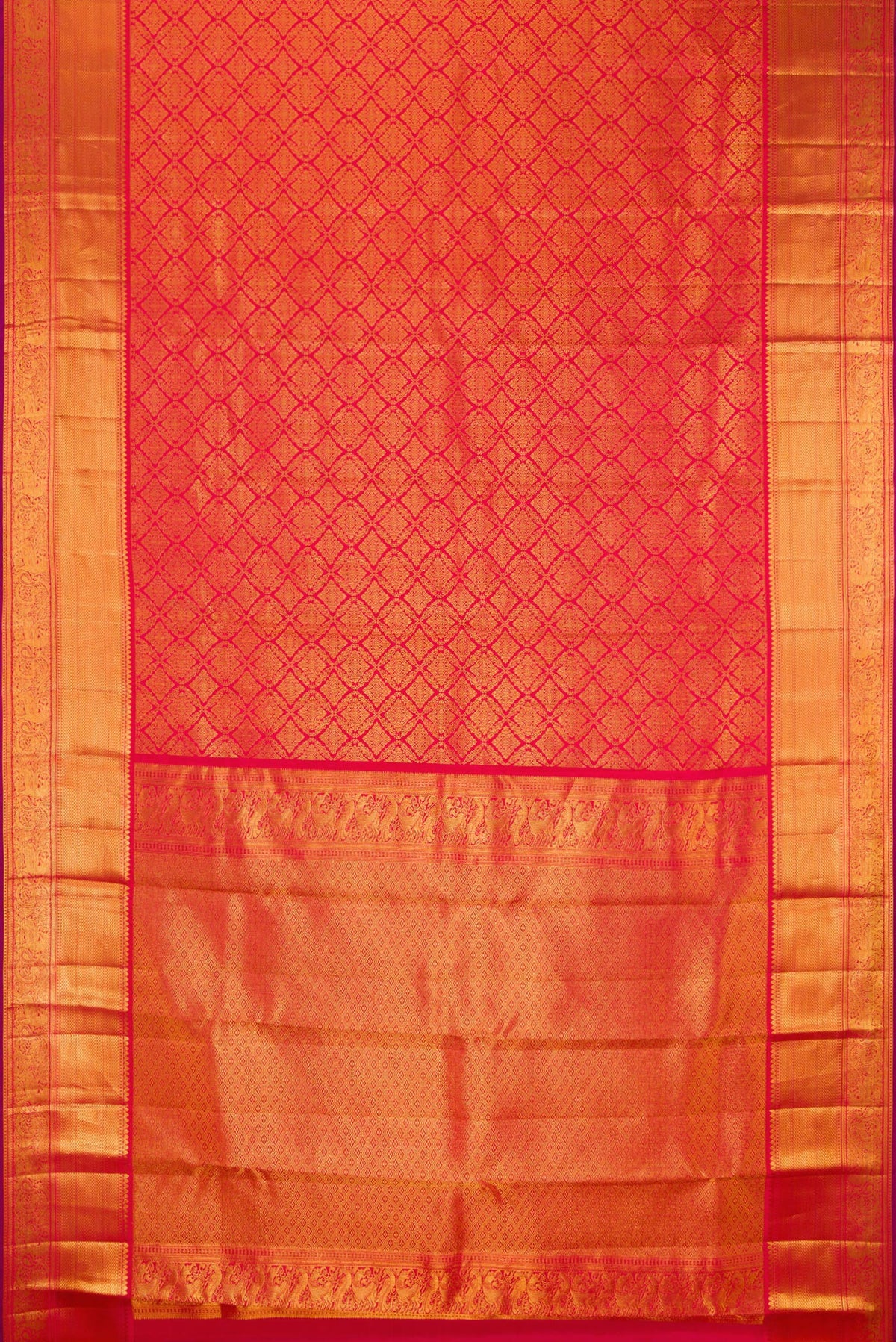 Flat view of Red Kanchipuram Silk Saree with Zari Brocade on the body and Zari Border. 