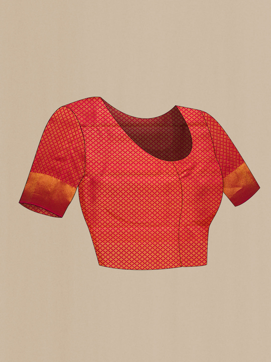 Close up image of the blouse of Maroon Kanchipuram Silk Saree with Zari Brocade on the body and Zari Border. 