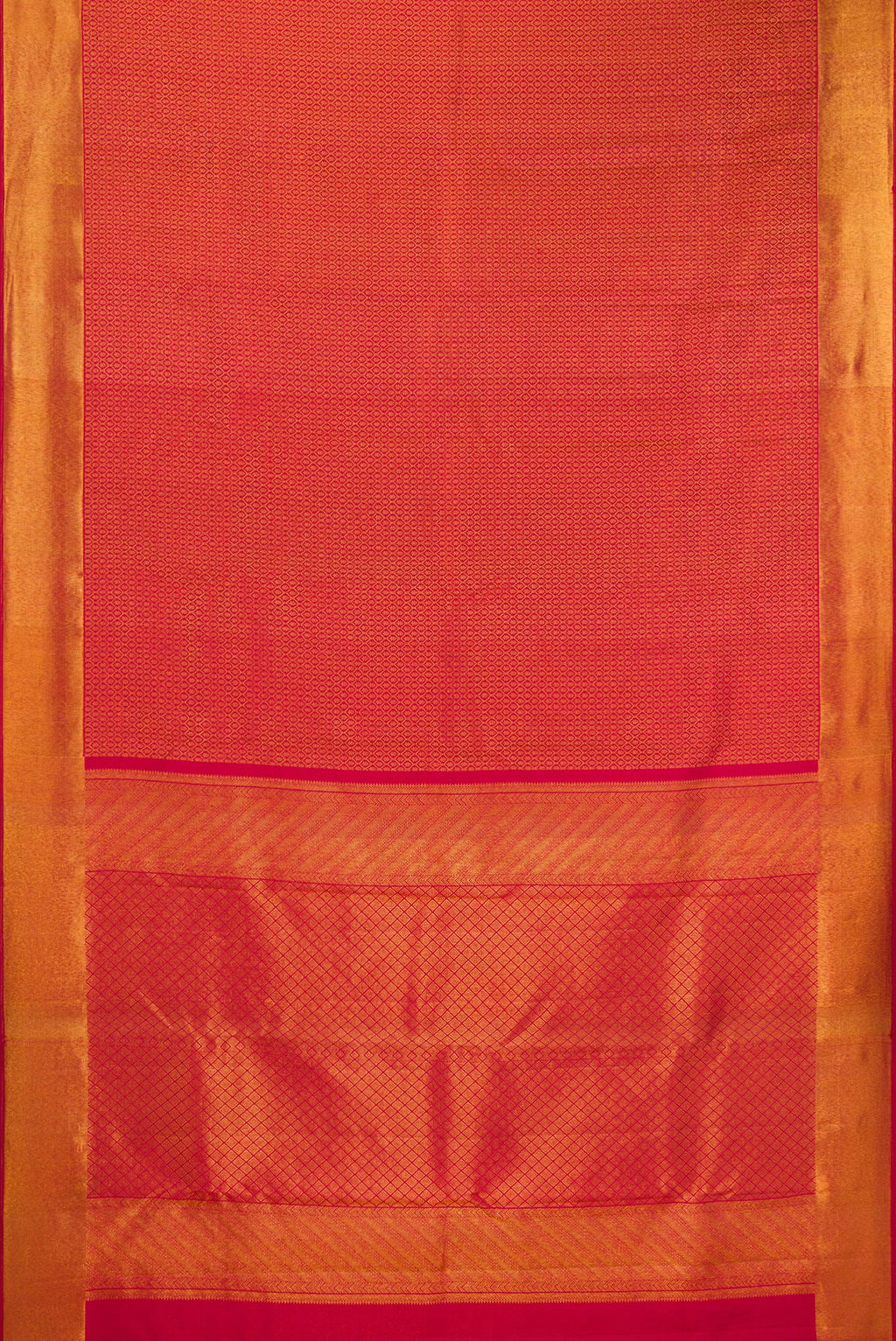 Flat view of Maroon Kanchipuram Silk Saree with Zari Brocade on the body and Zari Border. 