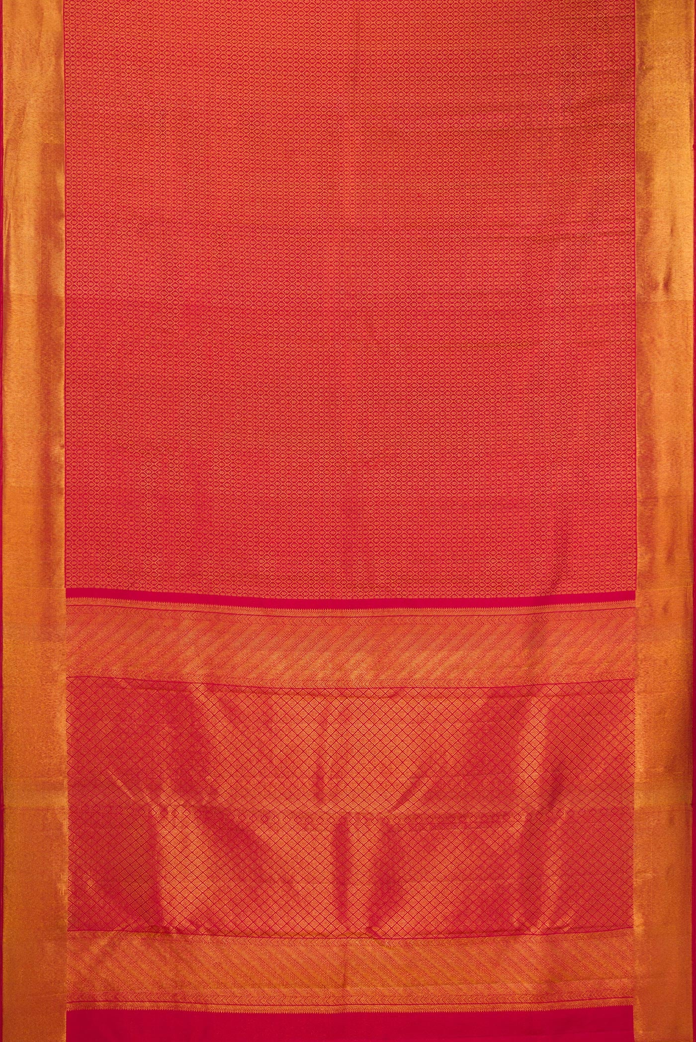 Flat view of Maroon Kanchipuram Silk Saree with Zari Brocade on the body and Zari Border. 