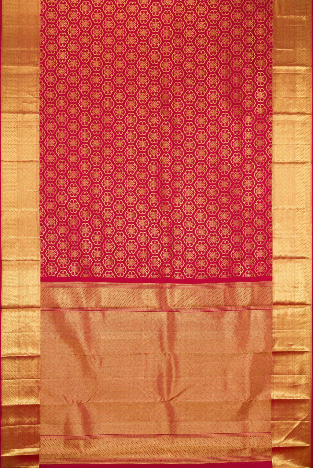 Flat view of Maroon Kanchipuram Silk Saree with Zari Brocade on the body and Zari Border. 
