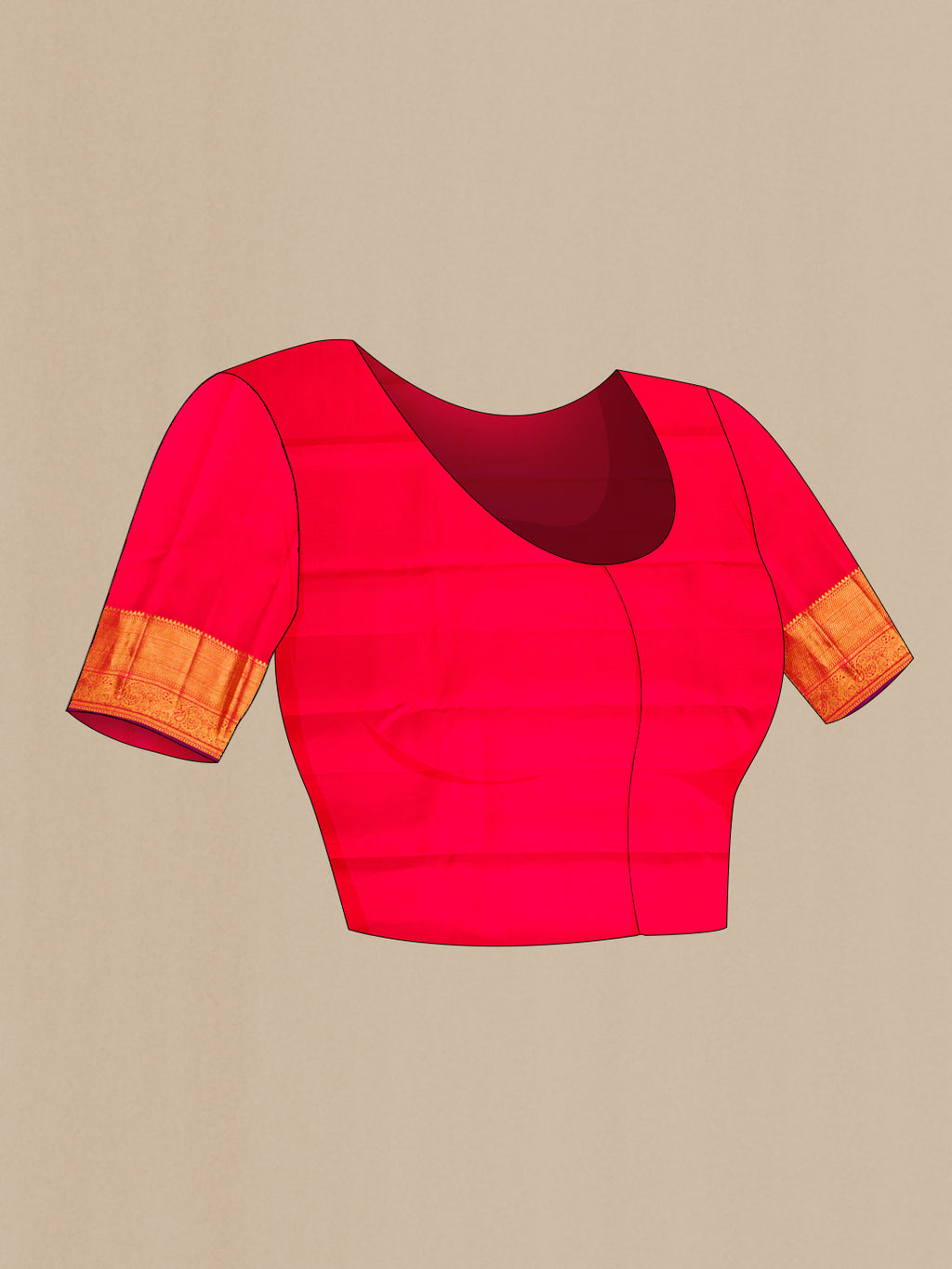 Close up image of the blouse of Red Kanchipuram Silk Saree with Zari Brocade on the body and Zari Border. 