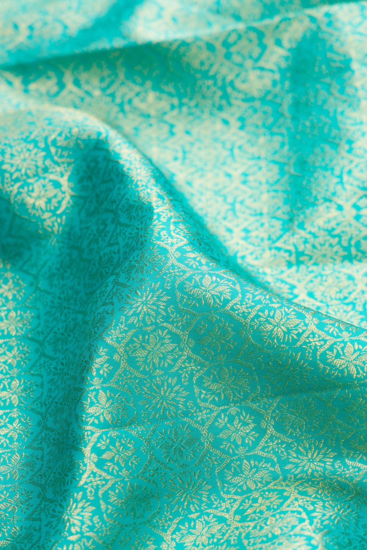 Close up of Sky Blue Kanchipuram Silk Saree with Zari Brocade on the body and Zari Border.  displaying folds