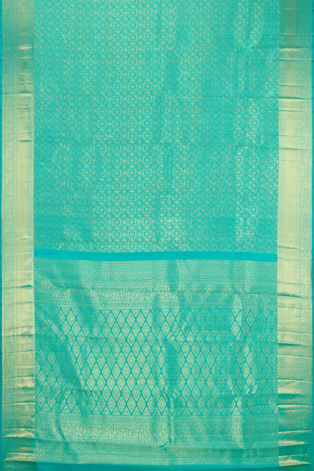 Flat view of Sky Blue Kanchipuram Silk Saree with Zari Brocade on the body and Zari Border. 