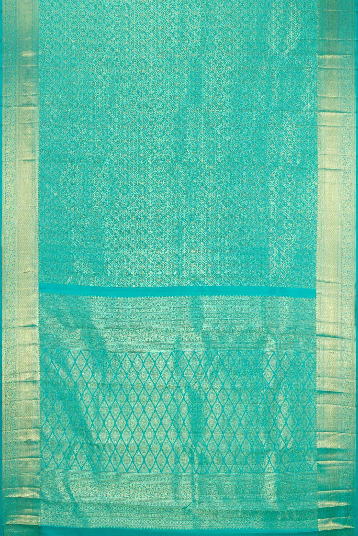 Flat view of Sky Blue Kanchipuram Silk Saree with Zari Brocade on the body and Zari Border. 